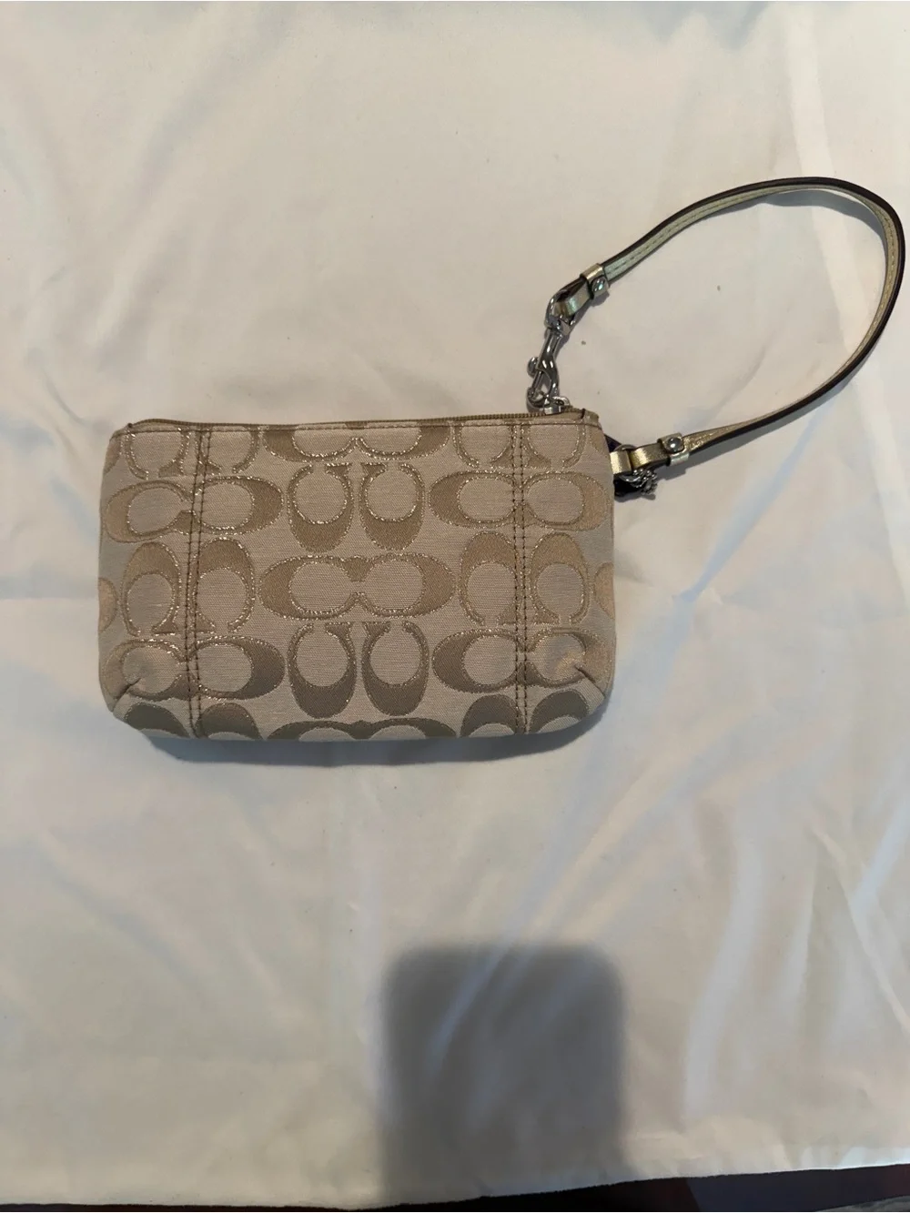 Coach Beige Signature Jacquard Wristlet with Metallic Trim Y2K
